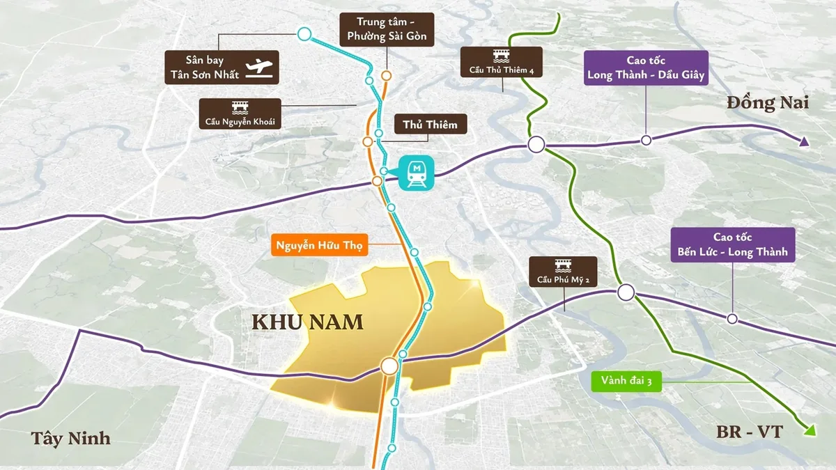 Sơ đồ hạ tầng khu Nam TP.HCM: trục Nguyễn Hữu Thọ, tuyến metro, Vành đai 3, cầu Phú Mỹ 2, cầu Thủ Thiêm 4 và các tuyến cao tốc