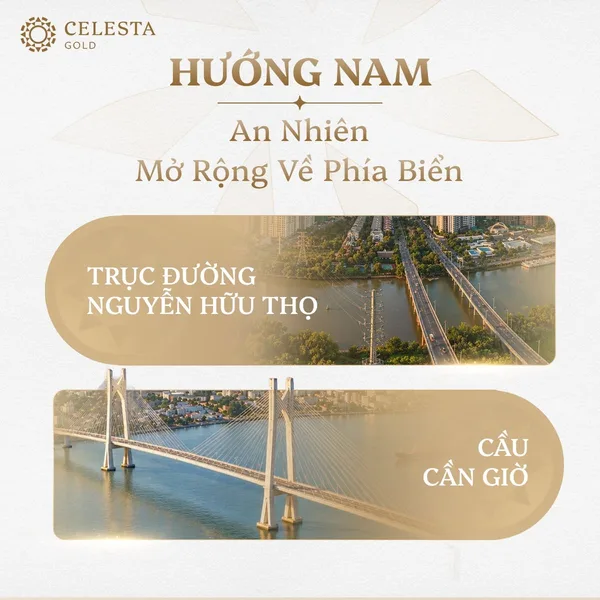 Infographic kết nối Celesta Gold. Hướng Nam: trục đường Nguyễn Hữu Thọ, cầu Cần Giờ