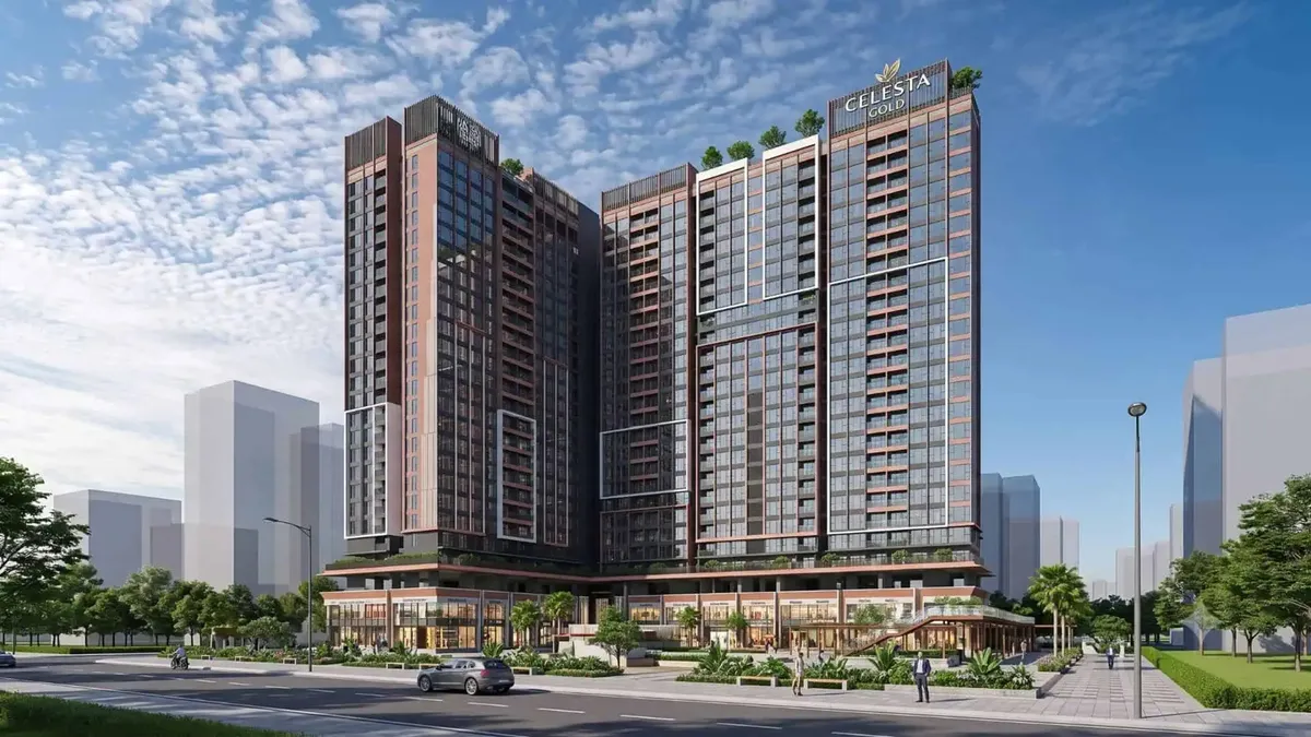 Phối cảnh Celesta Gold nhìn từ mặt đường, khối đế thương mại và vỉa hè cây xanh phía trước