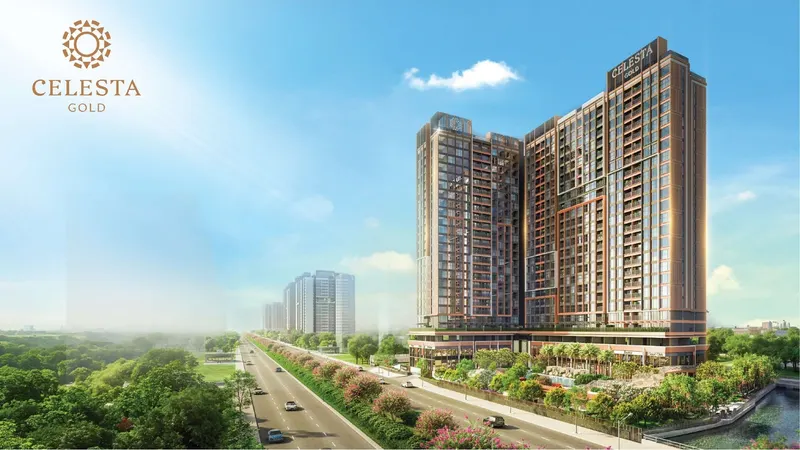 Phối cảnh Celesta Gold nhìn từ trên cao, khối đế thương mại và cảnh quan cạnh trục Nguyễn Hữu Thọ