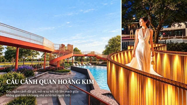 Phối cảnh cầu cảnh quan Hoàng Kim của Celesta Gold, cầu đi bộ màu đồng uốn quanh hồ bơi ngoài trời