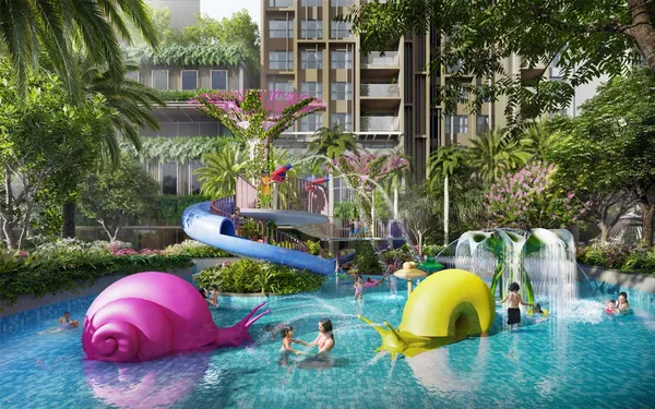 Phối cảnh hồ nước trẻ em có máng trượt và thác nước giữa cây nhiệt đới tại Celesta Heights, giai đoạn trước của Khu đô thị Celesta, không phải Celesta Gold
