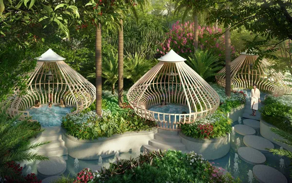 Phối cảnh hồ jacuzzi với hai chòi nấm đan mây tại Celesta Heights, giai đoạn trước của Khu đô thị Celesta, không phải Celesta Gold