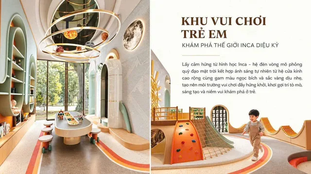 Phối cảnh khu vui chơi trẻ em trong nhà của Celesta Gold, lấy cảm hứng từ hình học Inca với đèn vòng mô phỏng quỹ đạo mặt trời