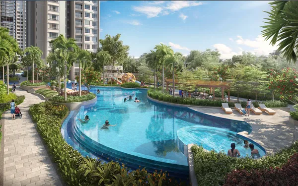 Phối cảnh hồ bơi dài uốn lượn giữa cây xanh tại Celesta Rise, giai đoạn trước của Khu đô thị Celesta, không phải Celesta Gold
