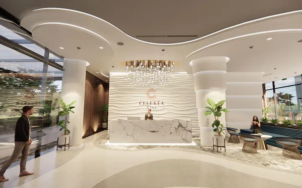 Phối cảnh sảnh lễ tân trần cong, quầy đá sáng màu tại Celesta Rise, giai đoạn trước của Khu đô thị Celesta, không phải Celesta Gold