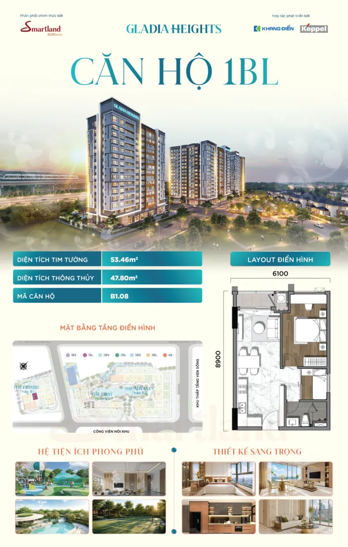 Chi tiết căn hộ 1BL — Gladia Heights