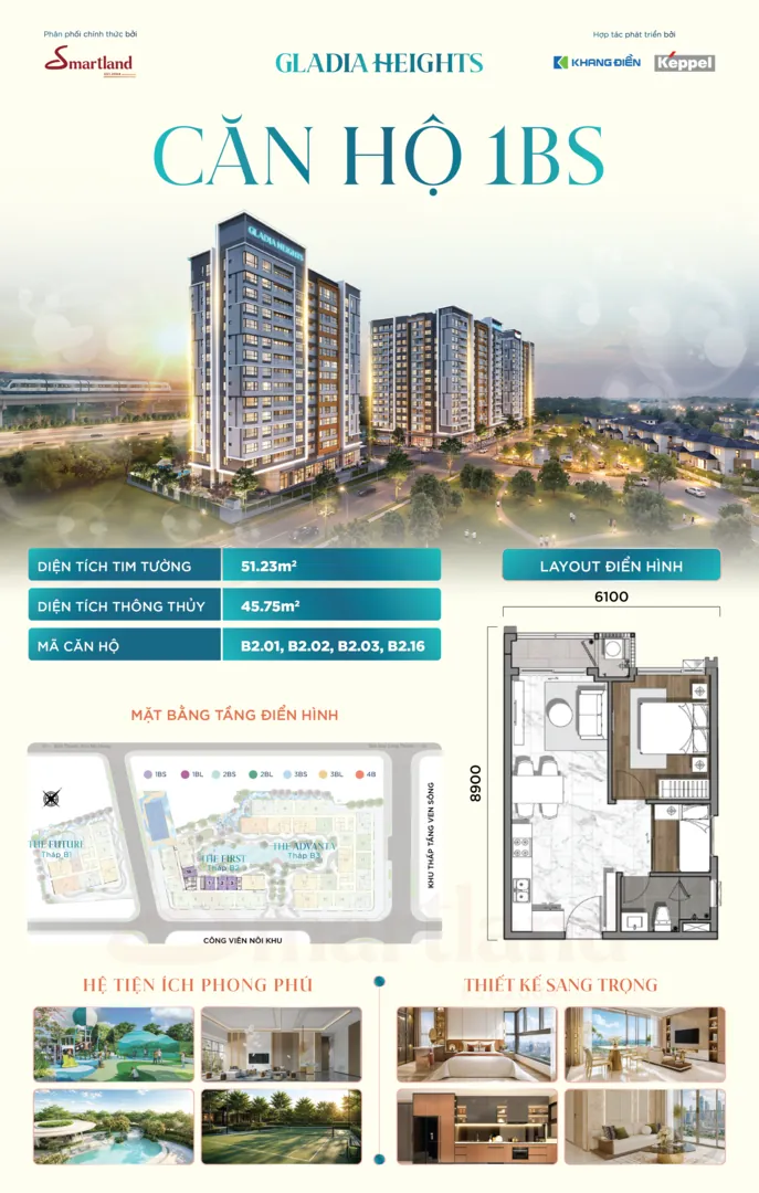 Chi tiết căn hộ 1BS — Gladia Heights