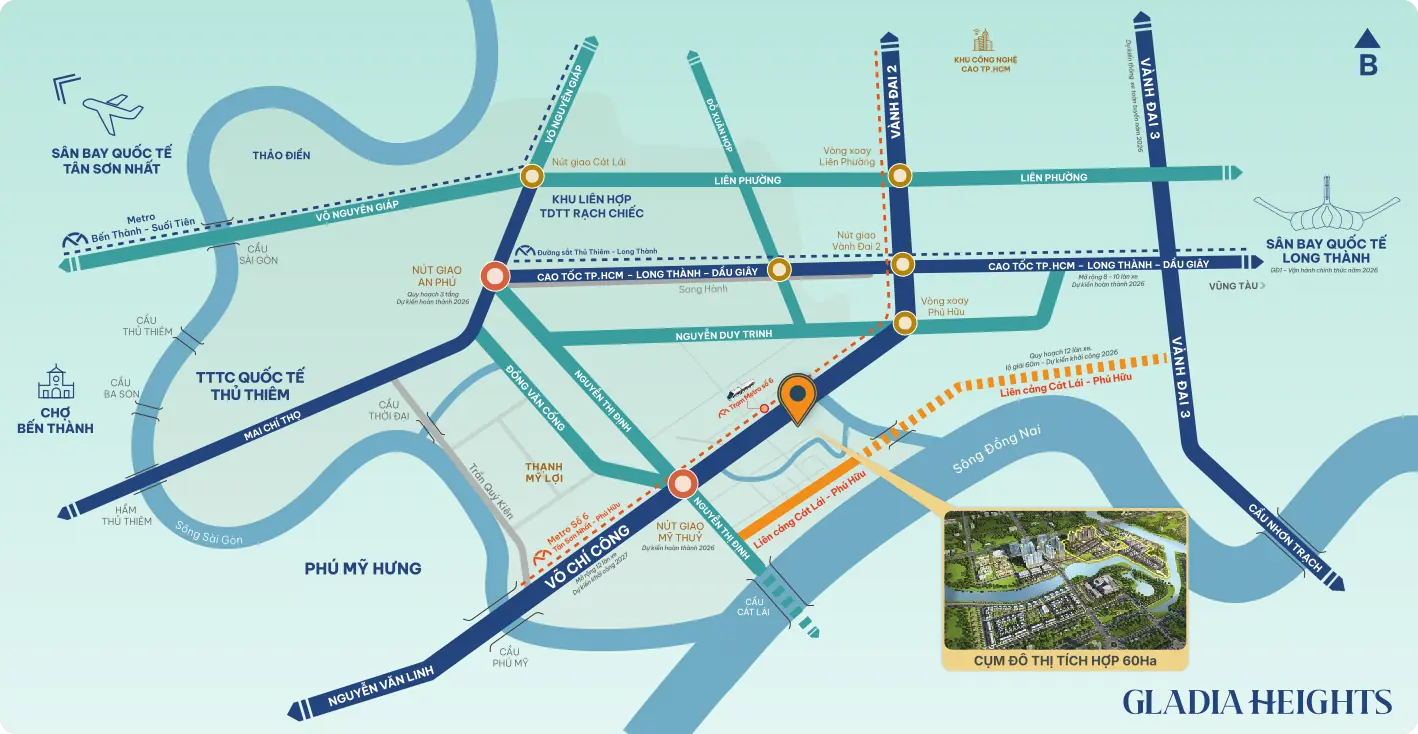 Bản đồ kết nối vùng Gladia Heights — mặt tiền Võ Chí Công, kề Thủ Thiêm, TP.HCM