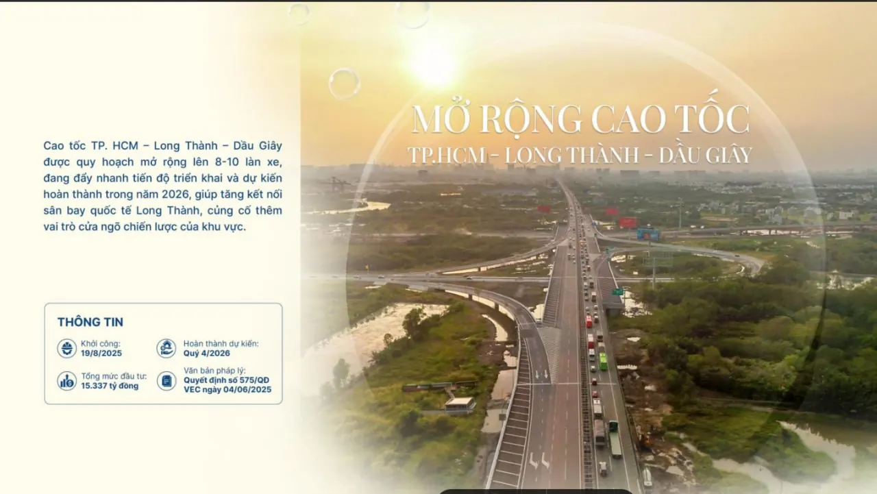 Mở rộng cao tốc TP.HCM – Long Thành – Dầu Giây lên 8–10 làn xe, hoàn thành dự kiến 2026