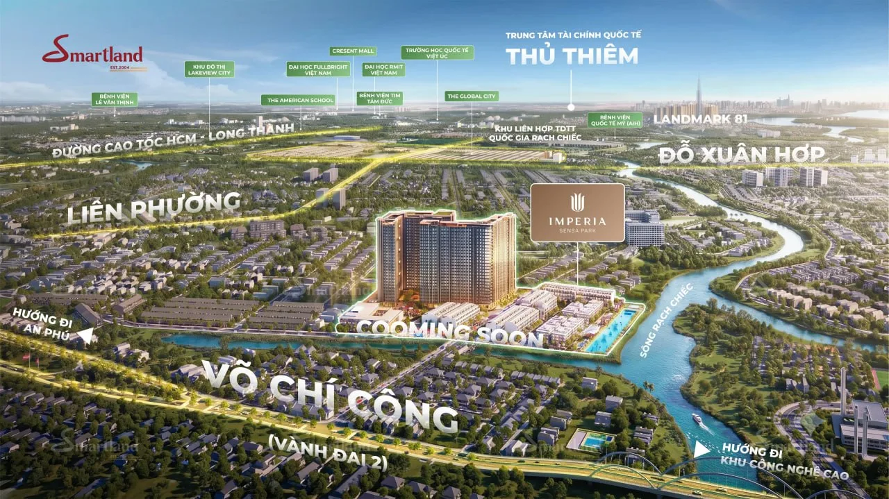 Bản đồ vị trí Imperia Sensa Park trên trục Võ Chí Công, cạnh sông Rạch Chiếc, liên kết Thủ Thiêm, Liên Phường và cao tốc HCM - Long Thành