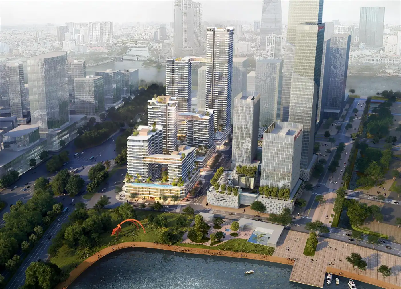 Phối cảnh trên cao tổ hợp Lotte Eco Smart City bên công viên bờ sông Thủ Thiêm