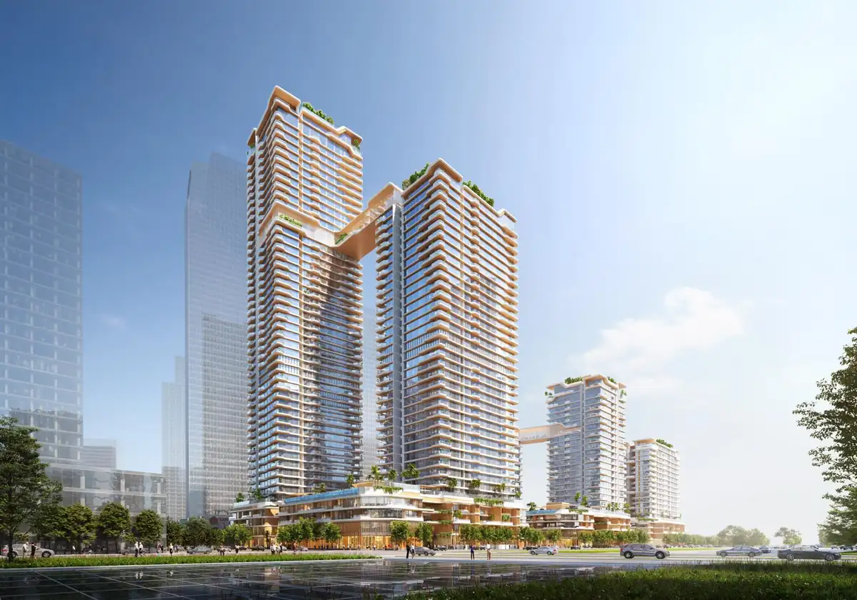 Phối cảnh hai tháp căn hộ nối nhau bằng khối cầu trên cao