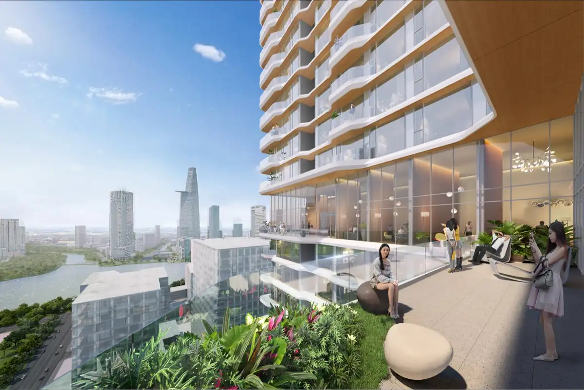 Phối cảnh hành lang mở của khối căn hộ nhìn ra hồ nước và cảnh quan nội khu