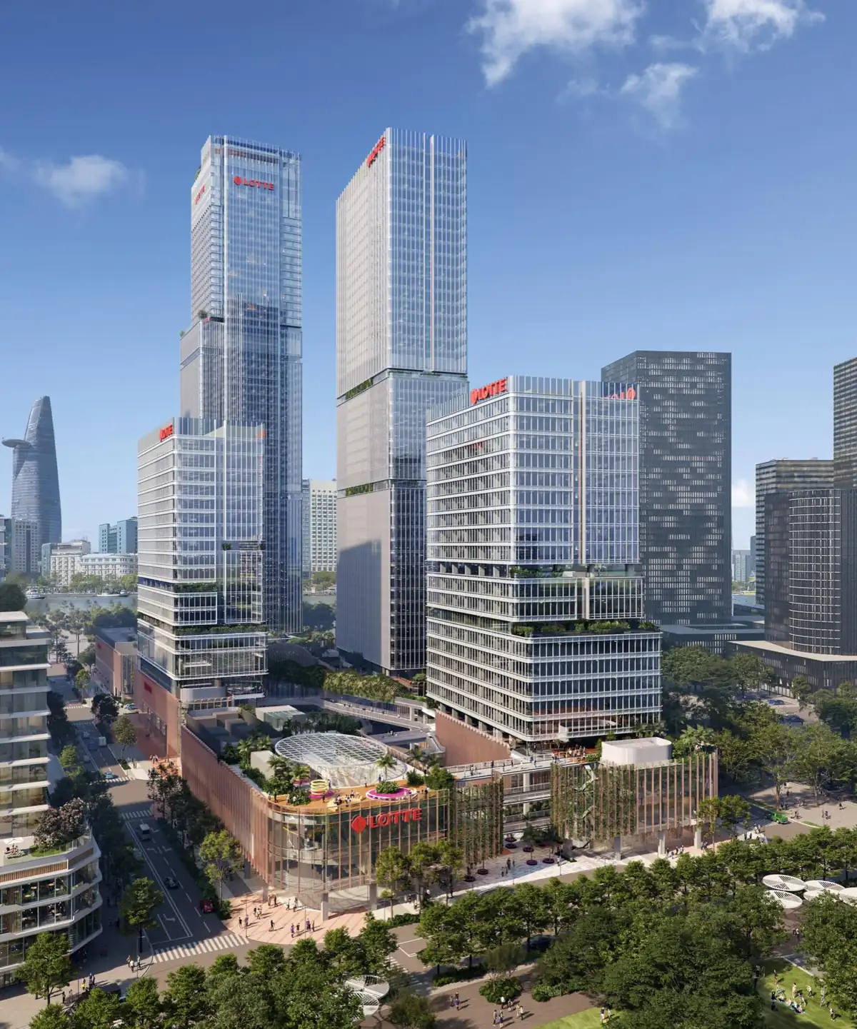 Phối cảnh đứng toàn cảnh tổ hợp Lotte Eco Smart City nhìn về phía trung tâm thành phố
