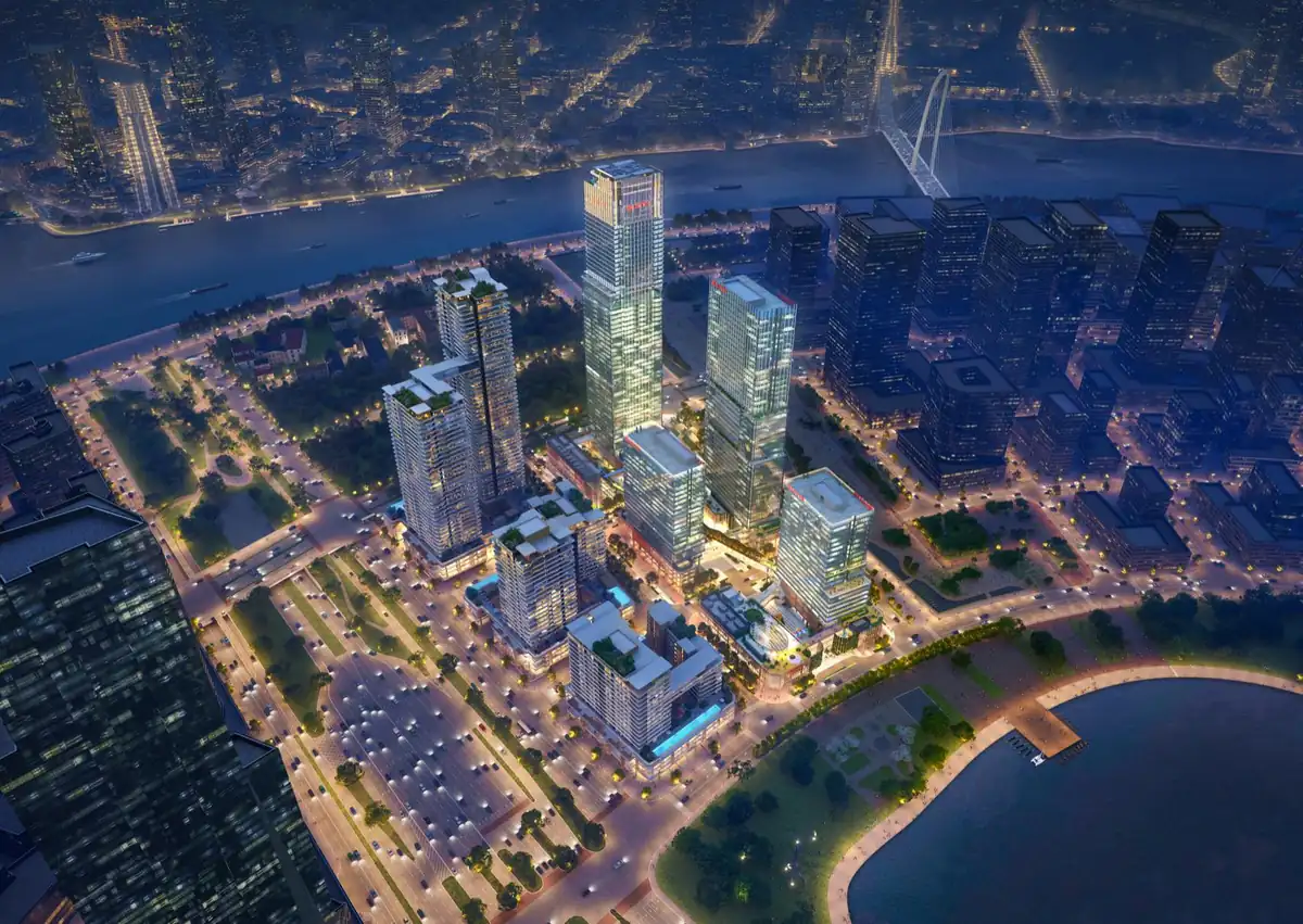 Phối cảnh trên cao bán đảo Thủ Thiêm về đêm với tổ hợp Lotte Eco Smart City và cầu bắc qua sông Sài Gòn