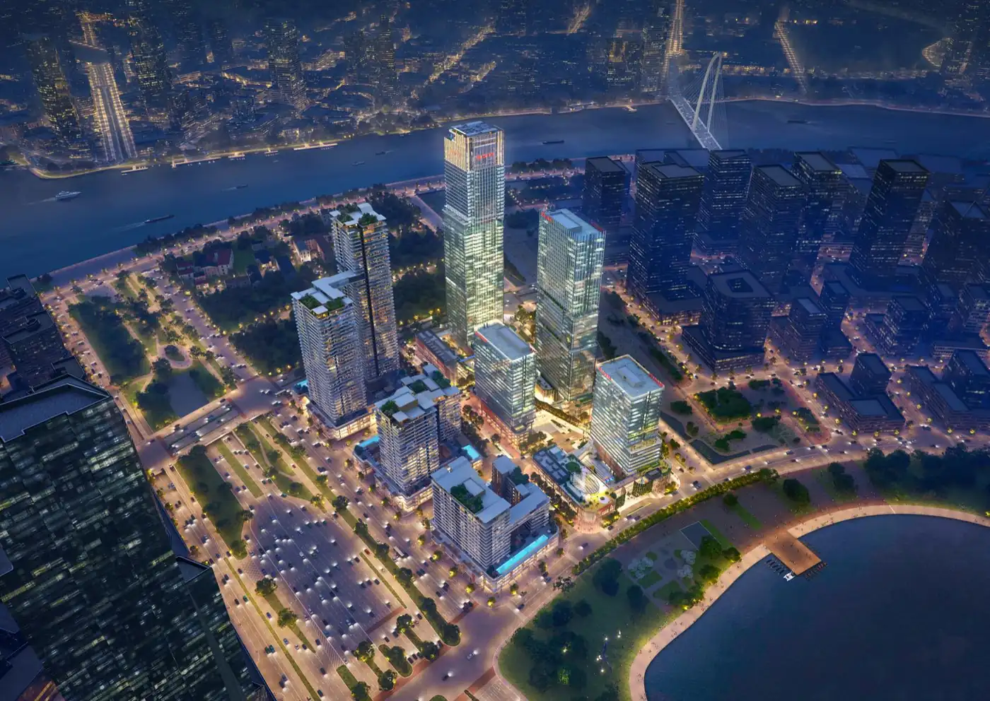 Phối cảnh trên cao bán đảo Thủ Thiêm về đêm với tổ hợp Lotte Eco Smart City và cầu bắc qua sông Sài Gòn