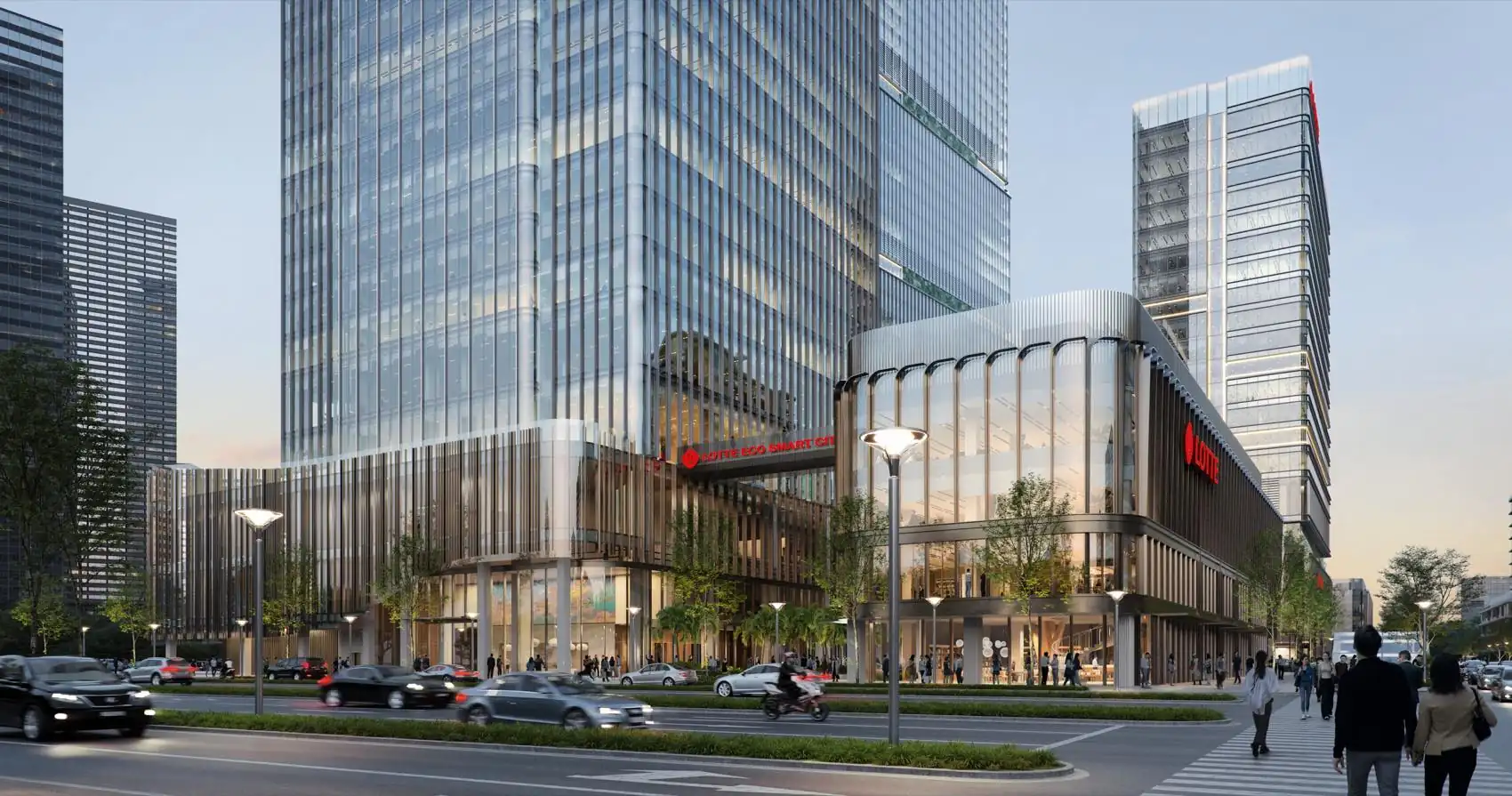 Phối cảnh khối đế thương mại – dịch vụ của Lotte Eco Smart City nhìn từ trục đường tiếp giáp