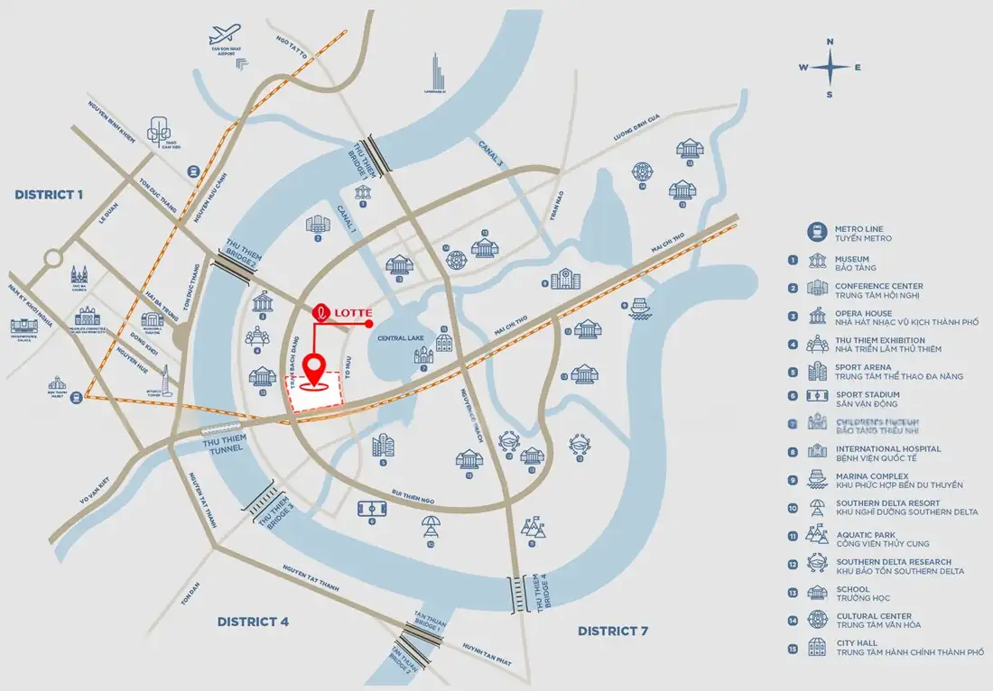 Sơ đồ vị trí Lotte Eco Smart City tại khu chức năng 2A Thủ Thiêm, với các trục kết nối sang Quận 1, Quận 4 và Quận 7