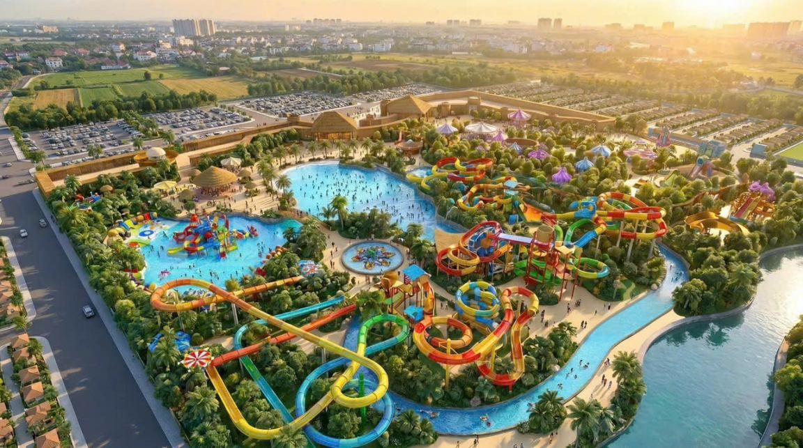 Phối cảnh công viên nước với hệ thống đường trượt nhìn từ trên cao, liền kề dự án