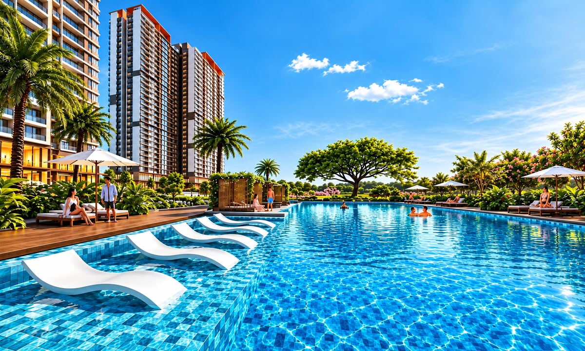 Phối cảnh hồ bơi với ghế nổi và khối đế thương mại phía sau