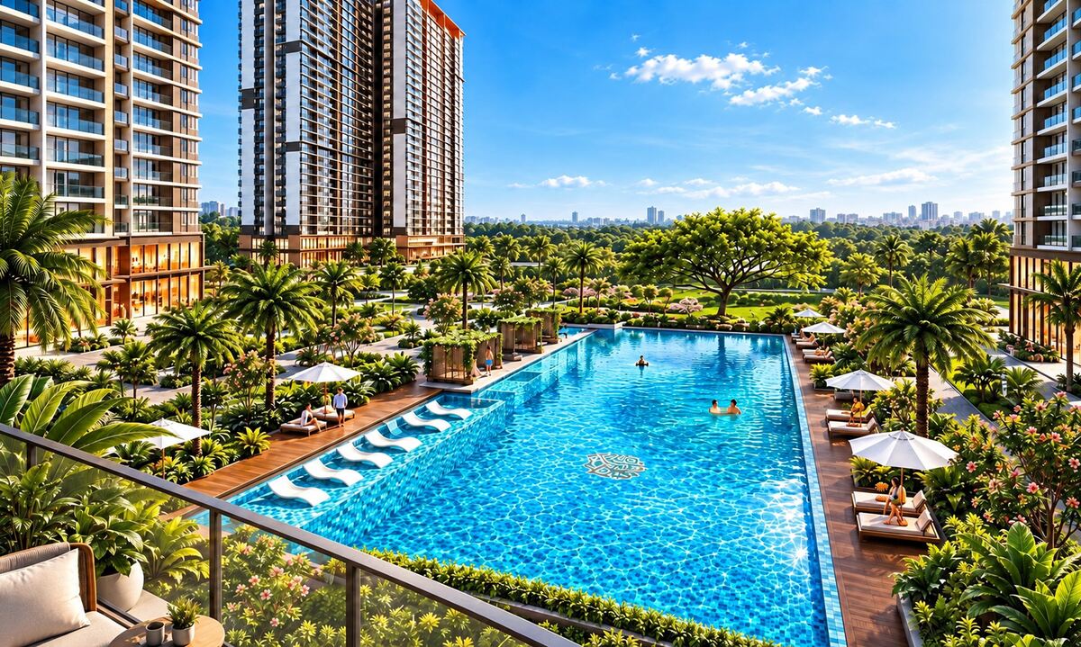 Phối cảnh hồ bơi nội khu nhìn từ ban công một tòa căn hộ