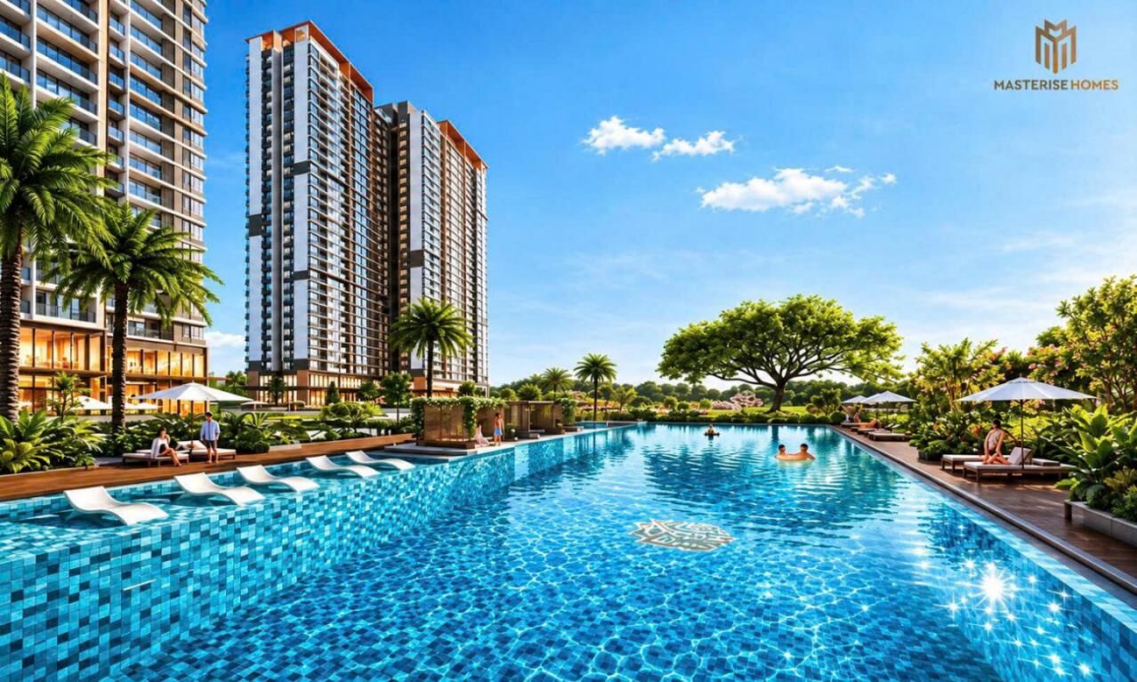 Phối cảnh hồ bơi lớn giữa các tòa căn hộ Masteri Hóc Môn