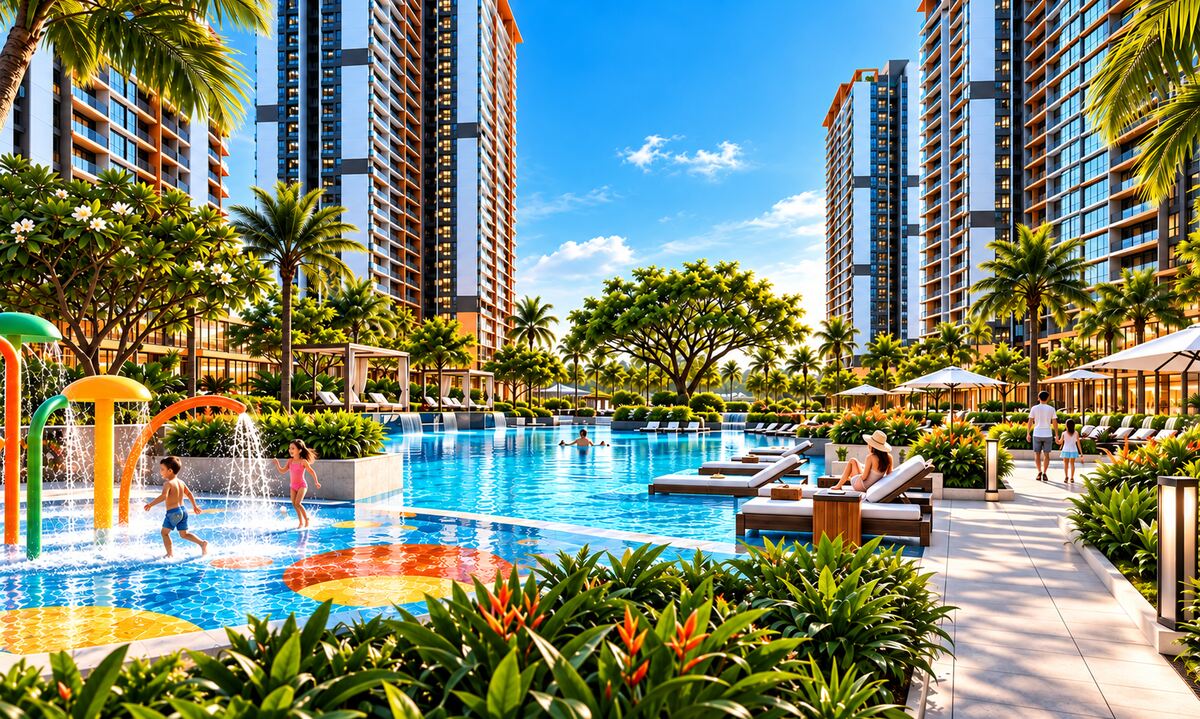 Phối cảnh sân chơi nước cho trẻ em bên hồ bơi nội khu