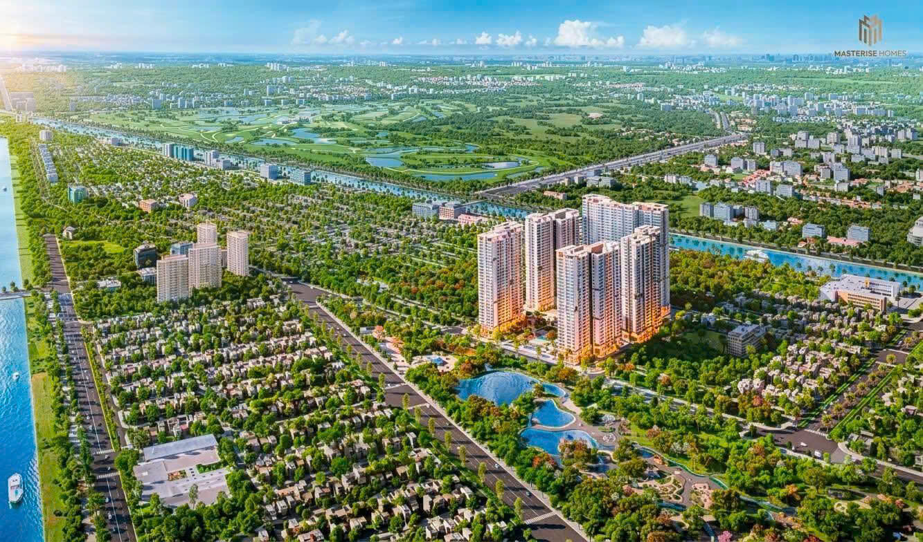 Phối cảnh Masteri Hóc Môn nhìn từ trên cao, đặt giữa khu đô thị đang xây