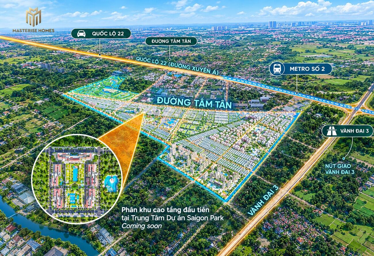 Sơ đồ vị trí phân khu cao tầng đầu tiên trong khu đô thị, có chú thích các tuyến đường kết nối