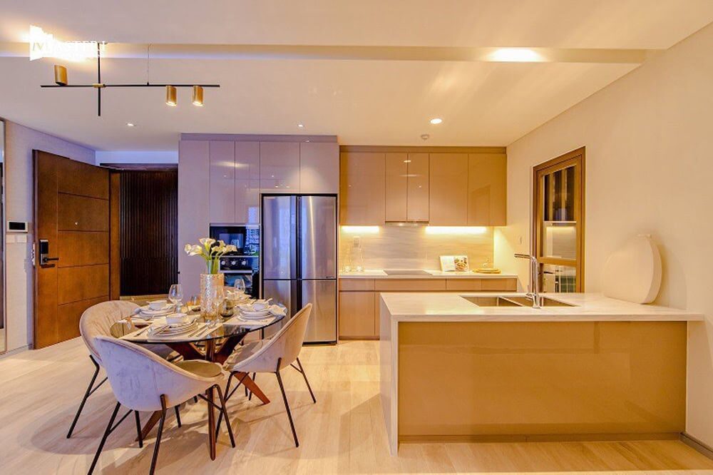 Bếp và phòng ăn trong căn hộ bàn giao thuộc bộ sưu tập Masteri