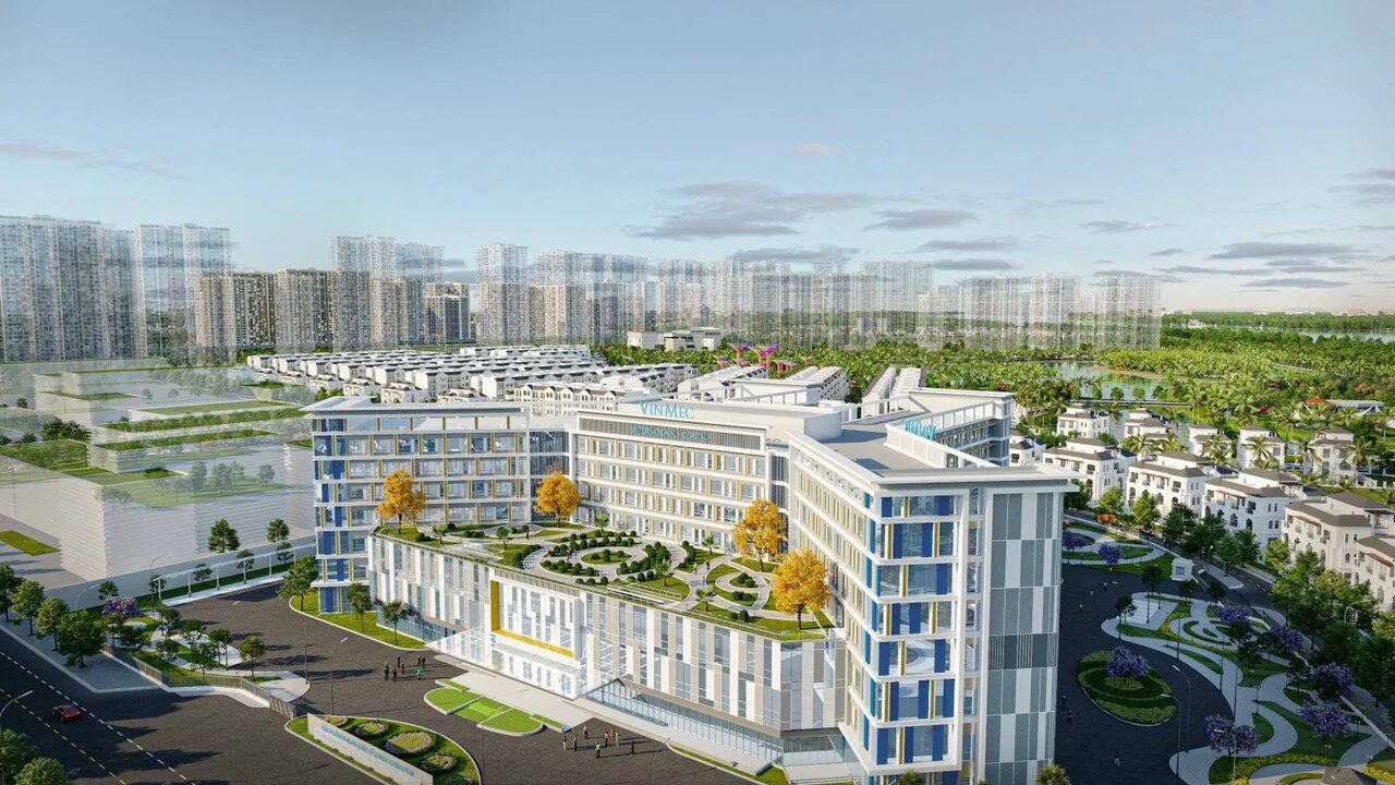 Phối cảnh khu bệnh viện và khối nhà thấp tầng trong khu đô thị