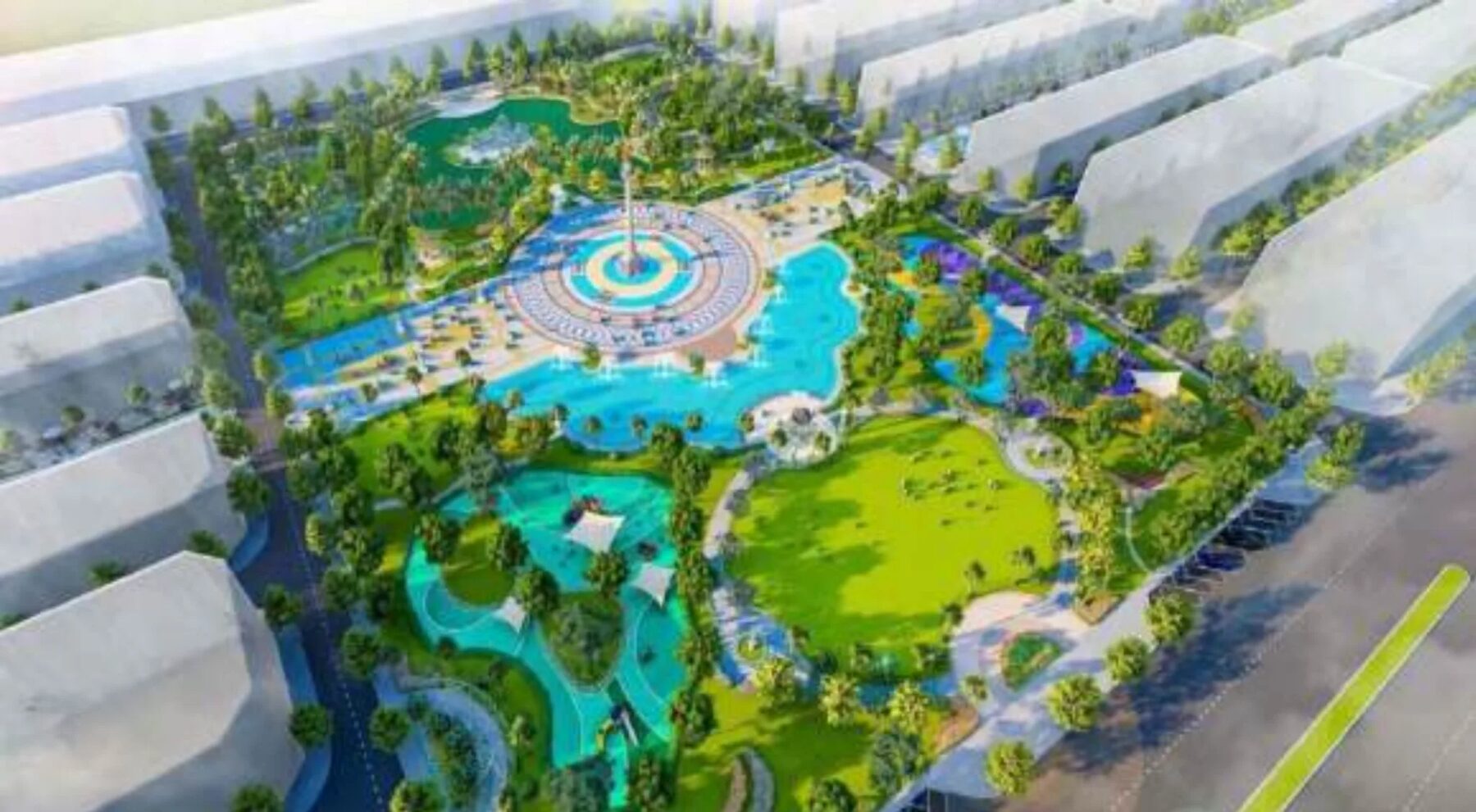 Phối cảnh công viên hồ trung tâm với đường dạo và mảng cây xanh