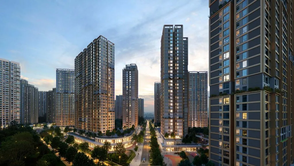 Trục đường nội khu giữa hai dãy tháp căn hộ Imperia Ocean City lúc chiều muộn