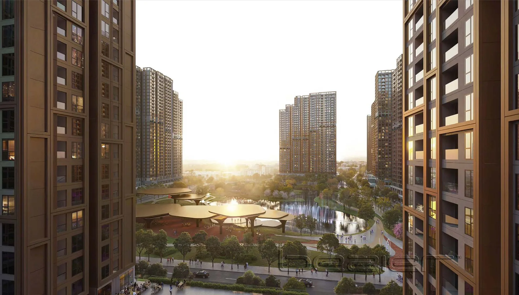 Khoảng sân vườn giữa các tòa căn hộ Imperia Ocean City nhìn về phía mặt trời lặn