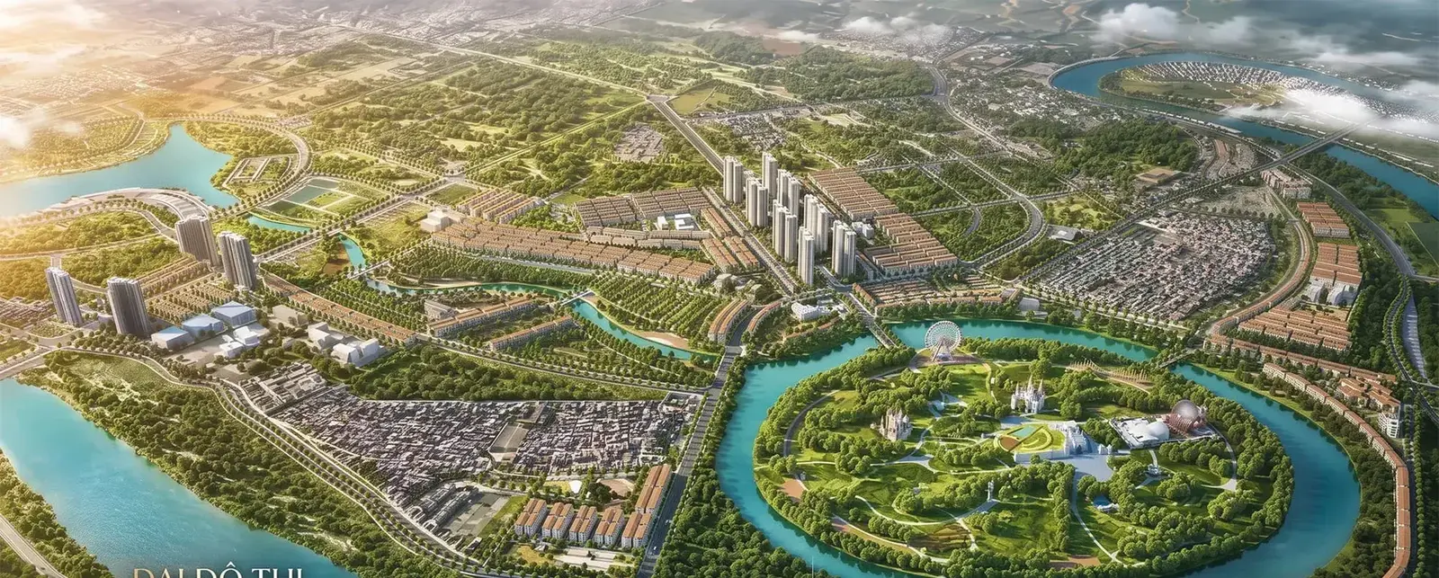 Phối cảnh khu đô thị ven sông nhìn chếch từ trên cao, dòng sông ôm quanh lõi công viên