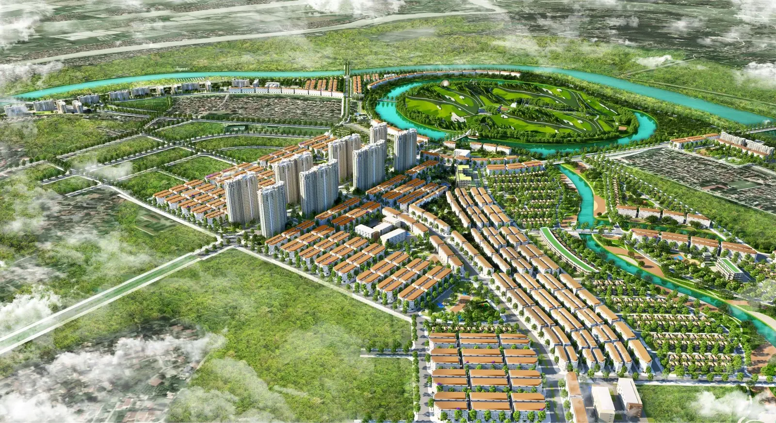Phối cảnh tổng thể khu đô thị nhìn từ trên cao, lõi công viên hình bầu dục ở giữa và sông bao quanh