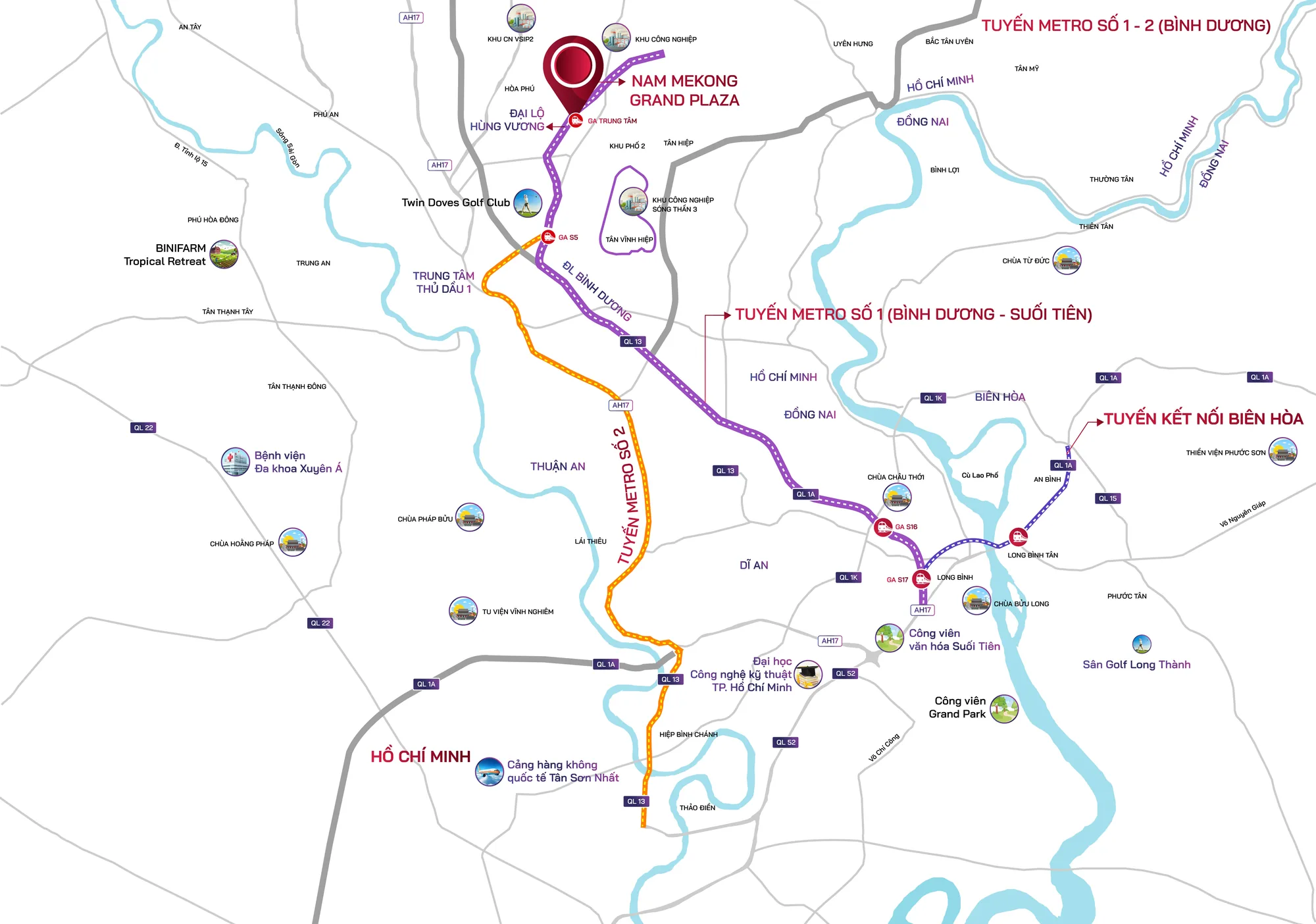 Bản đồ vị trí Nam Mekong Grand Plaza và tuyến Metro số 1 - số 2 Bình Dương