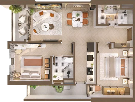 Mặt bằng căn hộ 2PN+ Nam Mekong Grand Plaza
