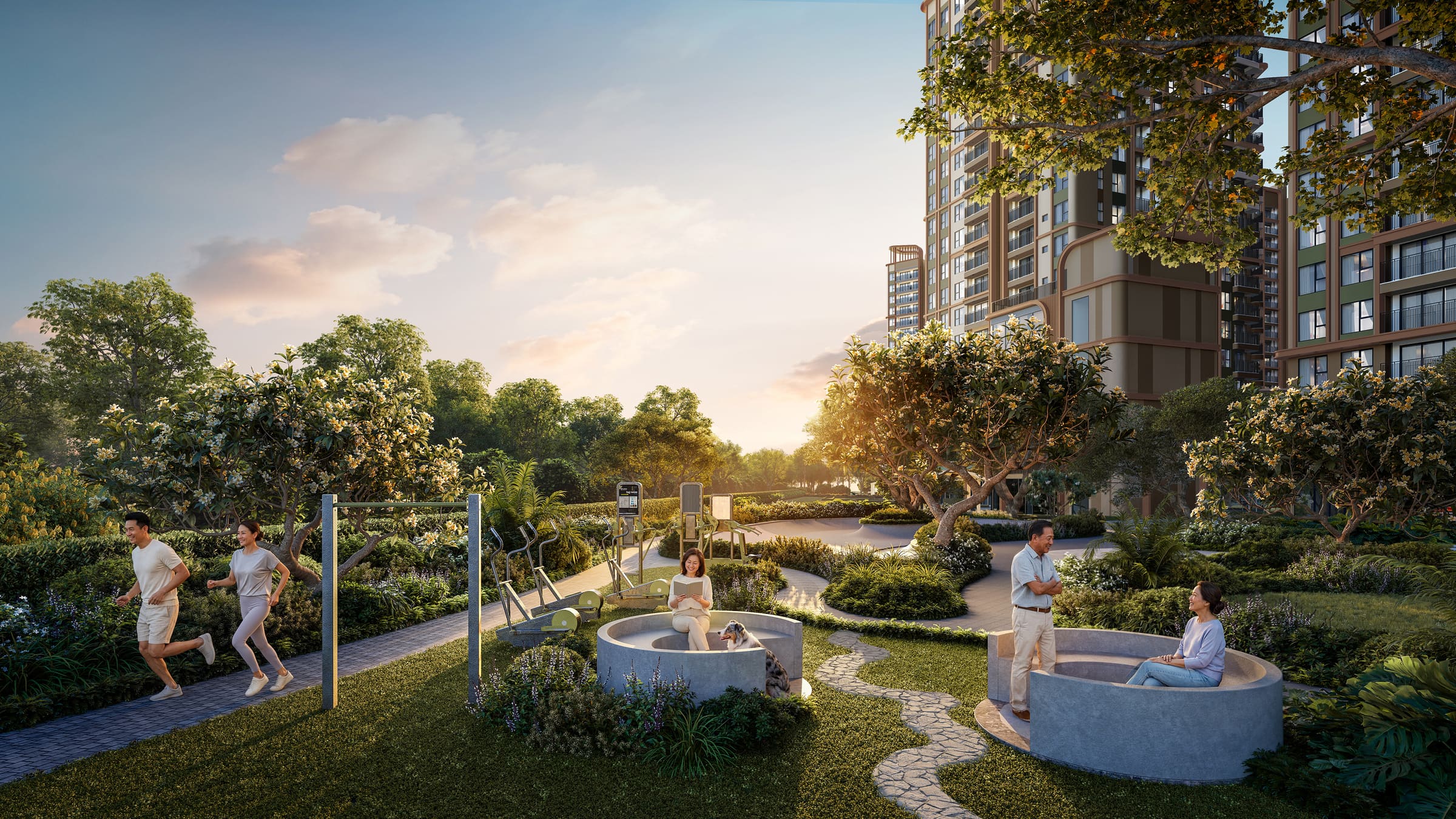 Lối chạy bộ giữa cây xanh trong công viên nội khu Norton Park