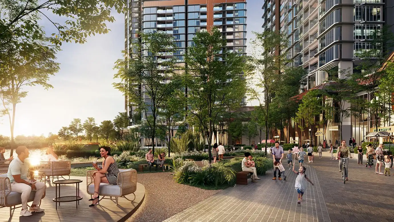 Công viên nội khu rợp cây giữa các tòa tháp tại Eaton Park, dự án Gamuda Land ở Thủ Đức