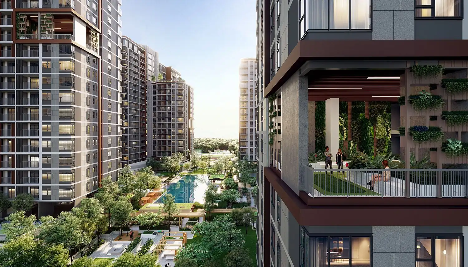 Các tầng vườn trên cao và mảng xanh giữa thân tháp tại Elysian, dự án Gamuda Land ở Thủ Đức
