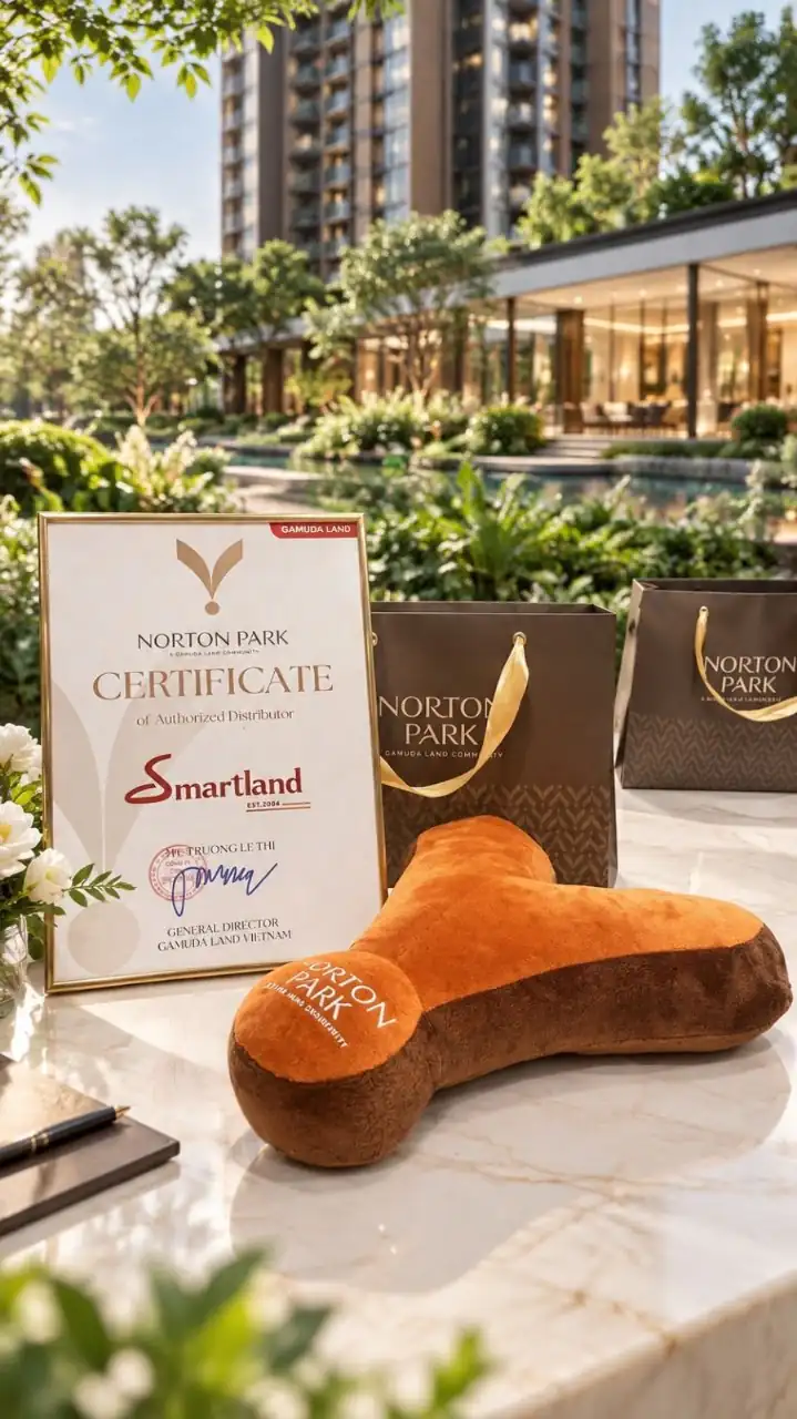 Chứng nhận Authorized Distributor Norton Park dành cho Smartland, bên cạnh bộ quà tặng Norton Park