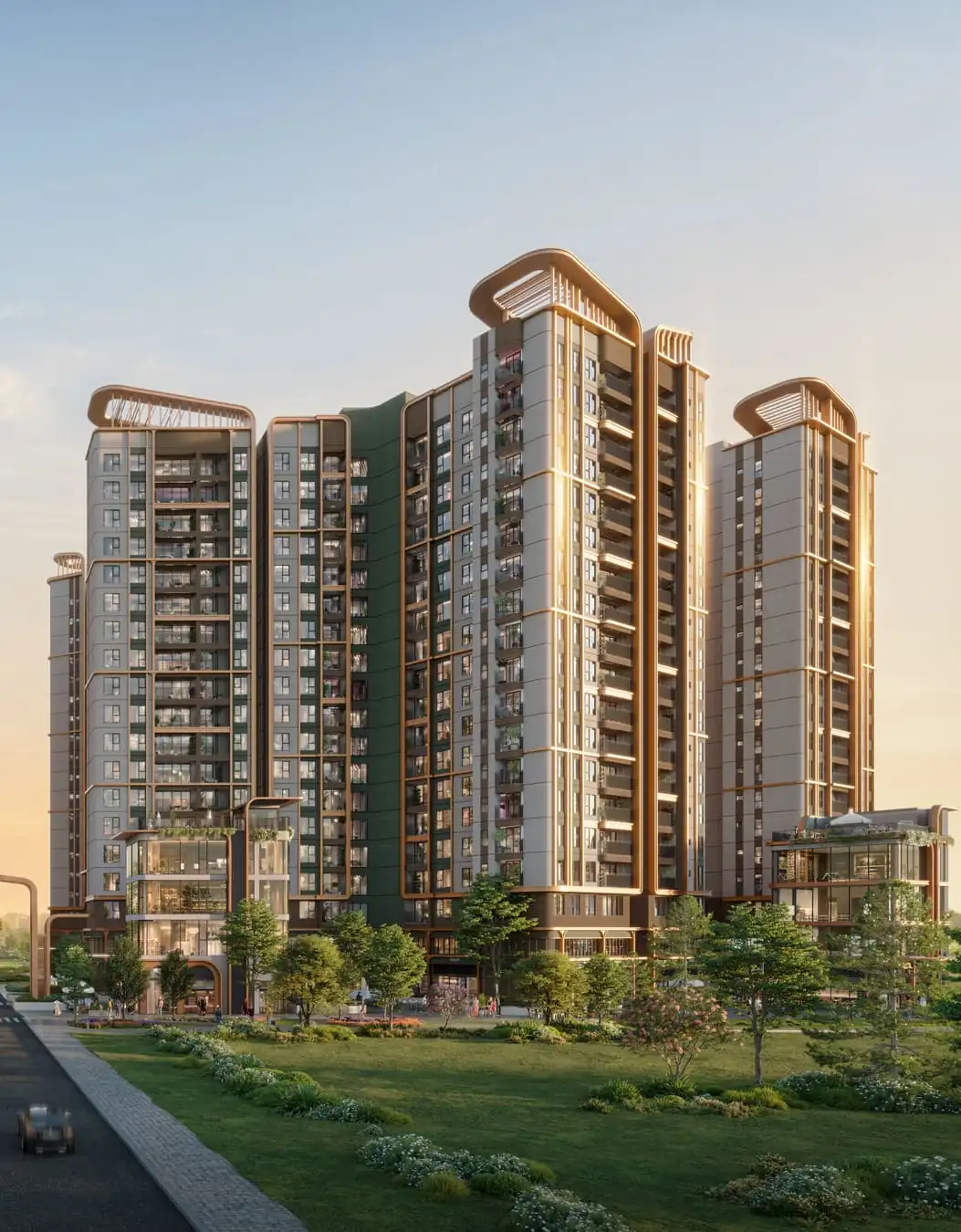 Phối cảnh các tòa tháp Norton Park nhìn từ công viên nội khu lúc chiều