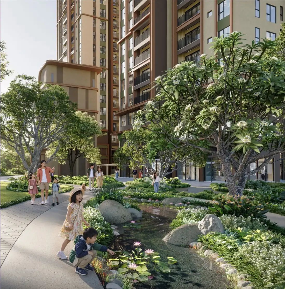 Phối cảnh Vườn Mưa và lối dạo nội khu Norton Park, trẻ em chơi bên dòng nước
