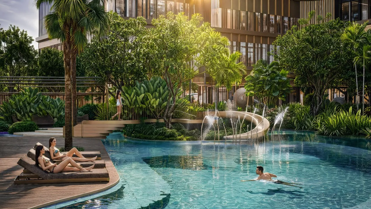 Hồ bơi resort ven tháp