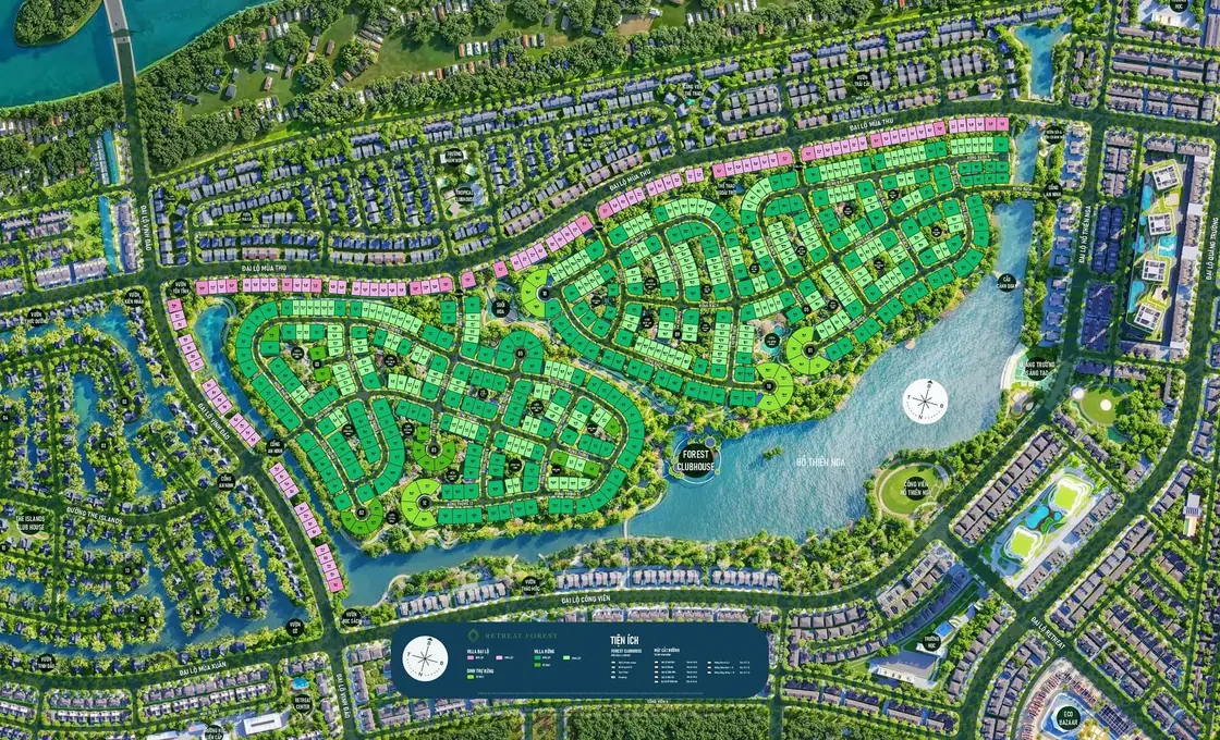 Tổng mặt bằng phân khu Retreat Forest — hồ Thiên Nga, Forest Clubhouse, hệ đại lộ Mùa Thu · Vĩnh Đảo · Công Viên