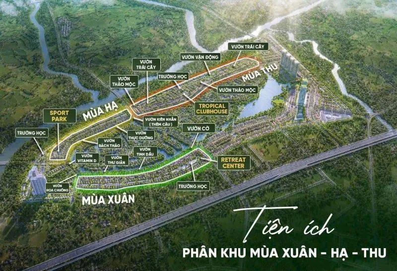 Bản đồ tiện ích các phân khu Mùa Xuân – Hạ – Thu: trường học, vườn chủ đề, Sport Park, Tropical Clubhouse, Retreat Center