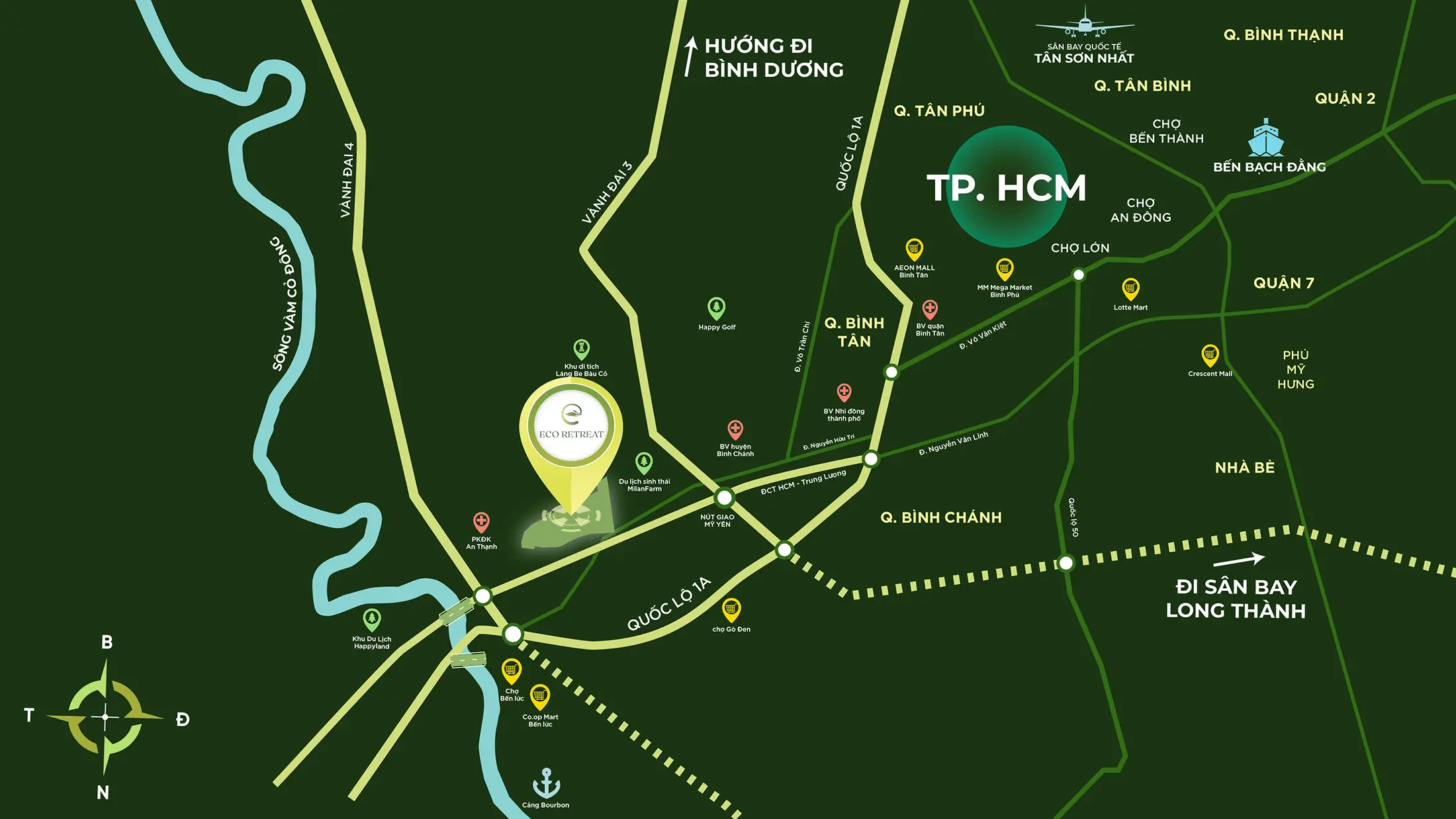Bản đồ kết nối vùng: Eco Retreat — TP.HCM, Vành đai 3/4, cao tốc TP.HCM – Trung Lương, sân bay Long Thành
