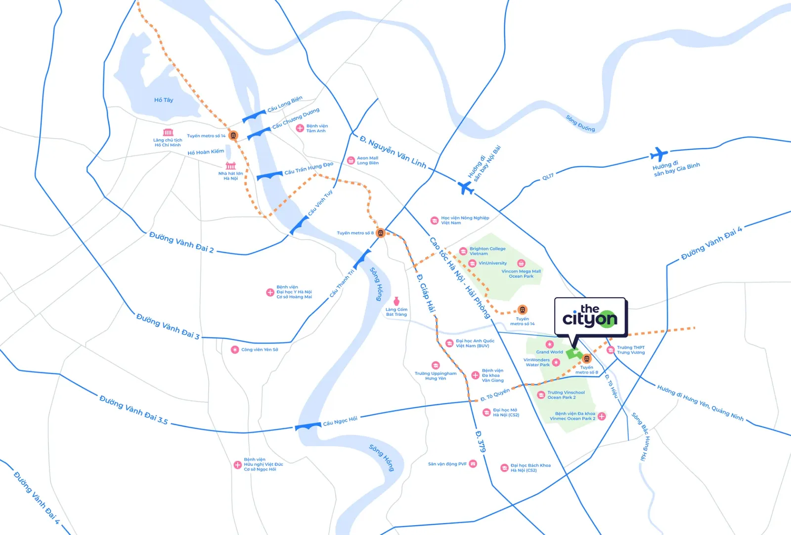 Bản đồ kết nối giao thông từ The CityOn về trung tâm Hà Nội